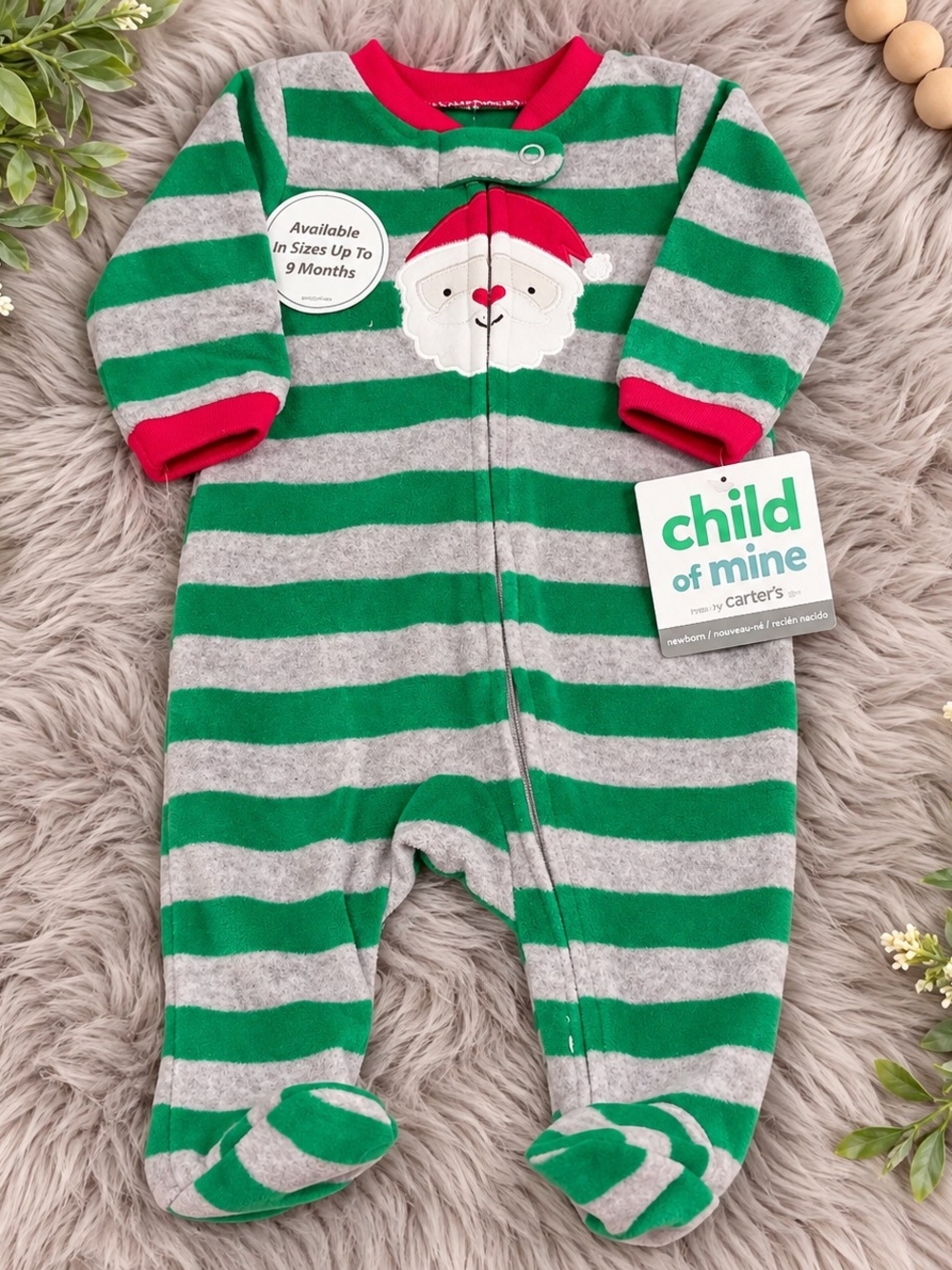 Carter's Green & Gray Striped Santa Footed One-Piece with Red Trim